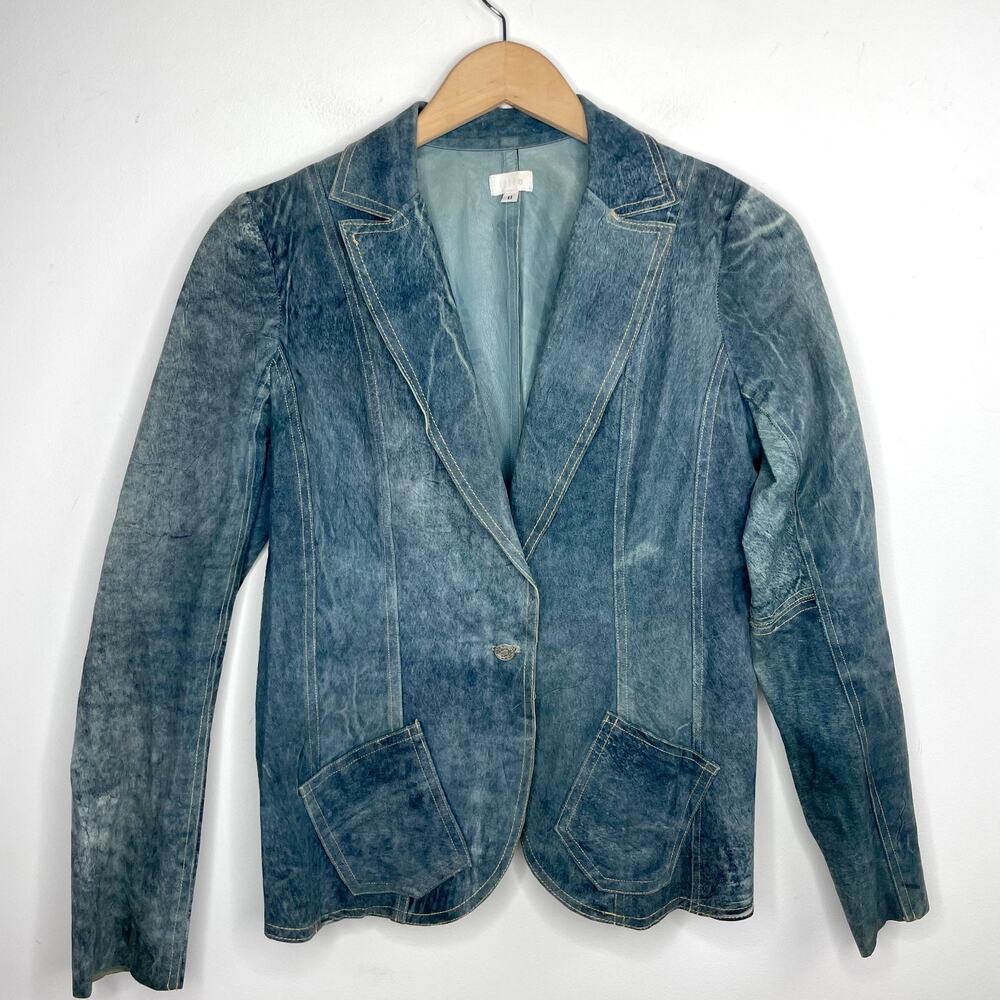 Illia Denim Leather Blazer Sz 8 Blue Suede Denim Look Indie‎ Sleaze Y2K Eclectic